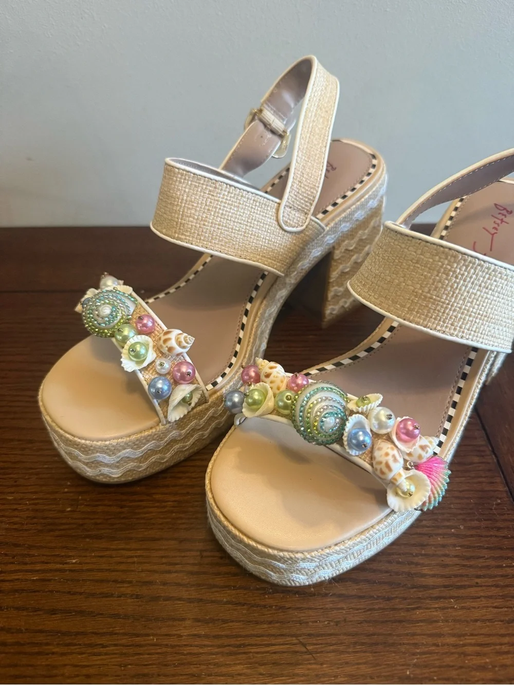 Betsey Johnson Shellie Espadrille Sandal with Beaded Shell Accent - NEW